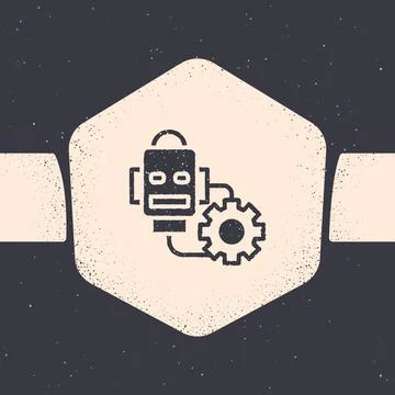 Grunge Robot setting icon isolated on grey background. Artificial intelligence Stock Illustration