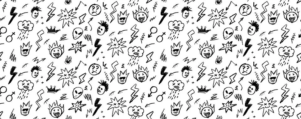 Grunge rock seamless pattern with doodle elements. Wax pencil drawing face with イラスト素材