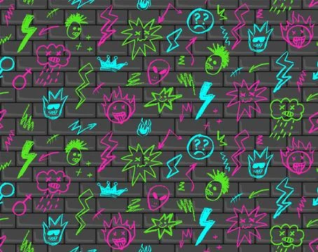 Grunge rock seamless pattern with doodle colorful elements on brick wall. Vector 스톡 일러스트