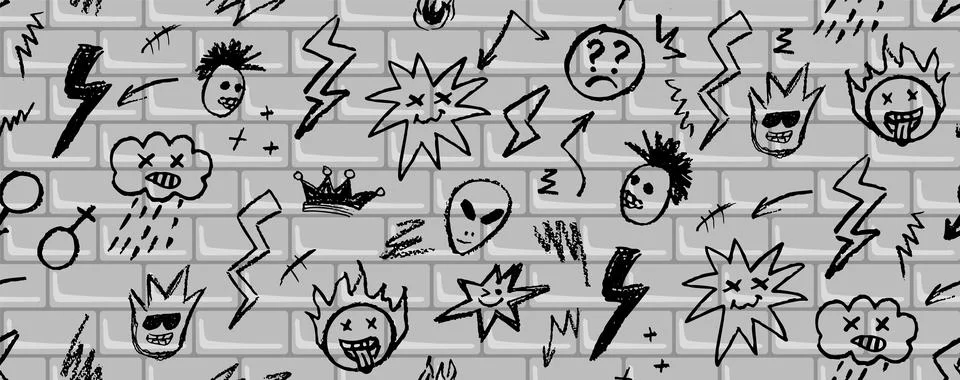 Grunge rock seamless pattern with doodle elements. Wax pencil drawing face with イラスト素材