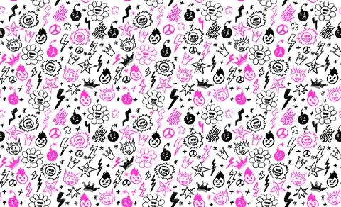 Grunge rock seamless pattern with doodle elements. Wax pencil drawing face with Stock Illustration