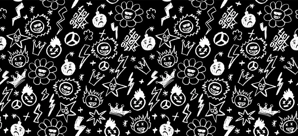Grunge rock seamless pattern with doodle elements. Wax pencil drawing face with Stock Illustration