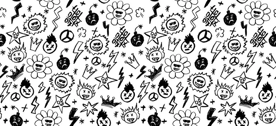Grunge rock seamless pattern with doodle elements. Wax pencil drawing face with Stock Illustration