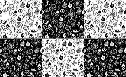 Grunge rock seamless pattern with doodle elements. Wax pencil drawing face with 스톡 일러스트