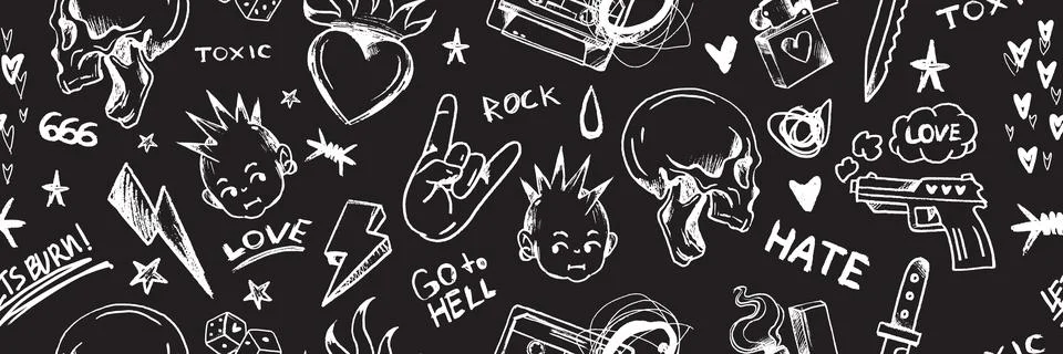 Grunge rock seamless pattern, vector punk music sketch texture Stock Illustration