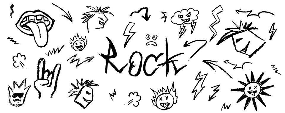 Grunge rock set of doodle elements. Wax pencil drawing mouth with tongue hanging Stock Illustration