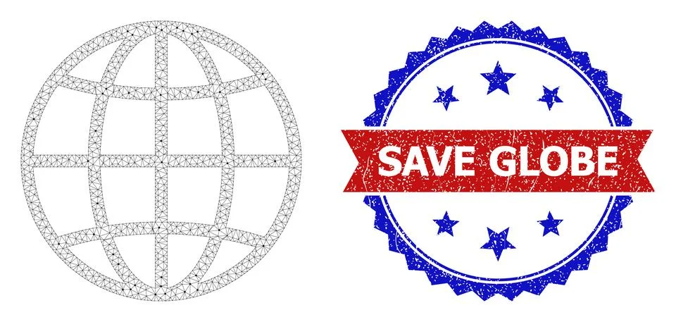 Grunge Save Globe Round Rosette Bicolor Stamp and Mesh 2D Globe Stock Illustration