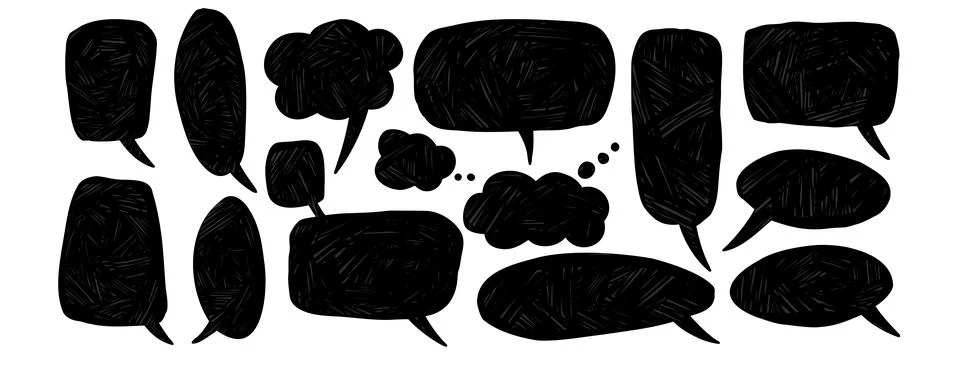 Grunge scratches texture speech bubbles balloons text boxes set. Hand-drawn Stock Illustration