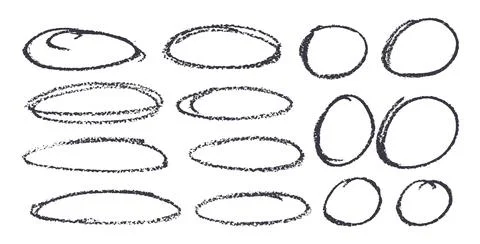 Grunge scribble oval frames pack. Freehand ellipse scrawl set. Crayon hand drawn Stock Illustration