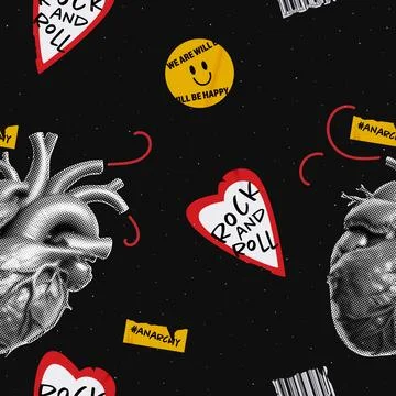 Grunge seamless pattern with a noisy background. Halftone heart and rock 库存插图
