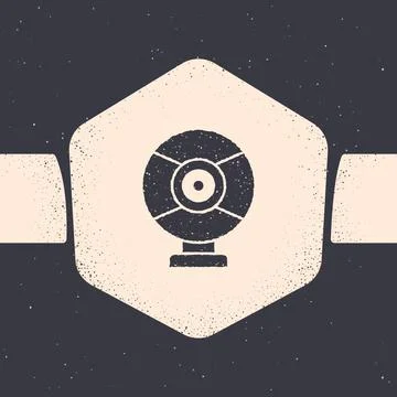 Grunge Security camera icon isolated on grey background. Monochrome vintage Stock Illustration