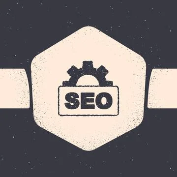 Grunge SEO optimization icon isolated on grey background. Monochrome vintage Stock Illustration