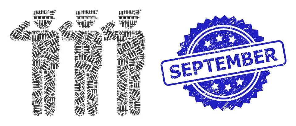Grunge September Stamp and Recursion Soldiers Icon Collage Illustrazione stock