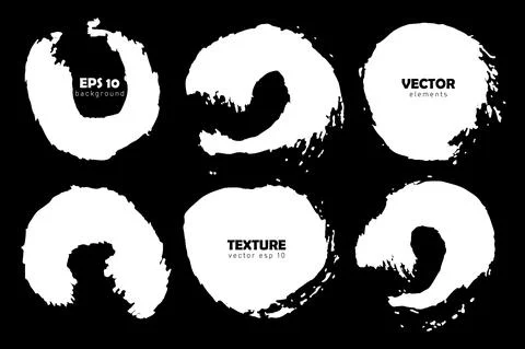 Grunge Set Brush Circle Shape Vector Round Strokes White color Isolated on Black Stock Illustration