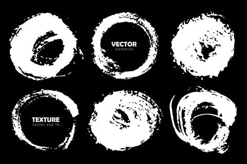 Grunge Set Brush Circle Shape Vector Round Strokes White color Isolated on Black Stock-Illustration