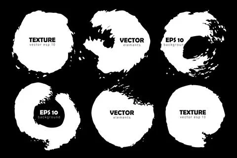 Grunge Set Brush Circle Shape Vector Round Strokes White color Isolated on Black Stock Illustration