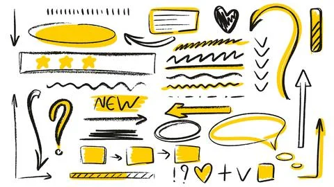 Grunge set of notes, arrows, lines, highlights, signs and symbols Stock Illustration