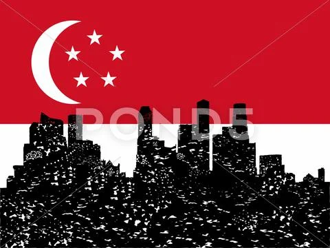 Grunge singapore skyline with flag illustration Stock Illustration