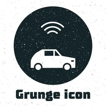 Grunge Smart car system with wireless connection icon isolated on white bac.. Illustrazione stock
