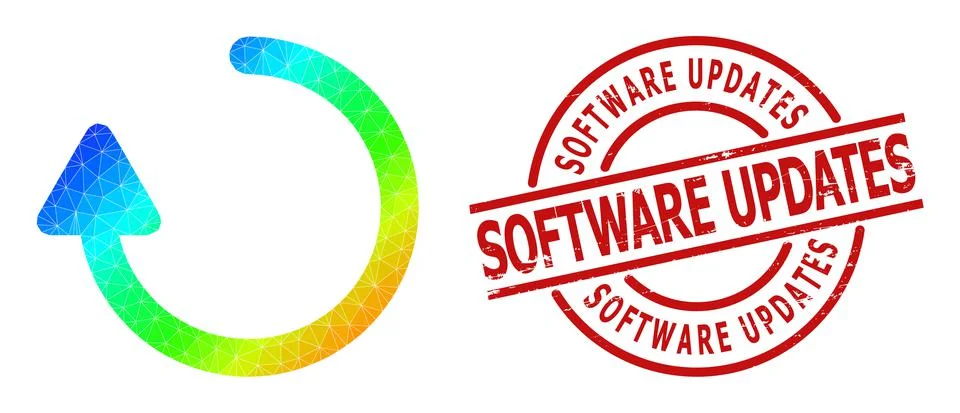 Grunge Software Updates Stamp Print and Polygonal Spectral Colored Rotate Right Stock Illustration