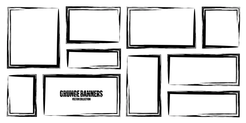 Grunge square frames, banners with stains and scratches. Brush stroke Stock Illustration