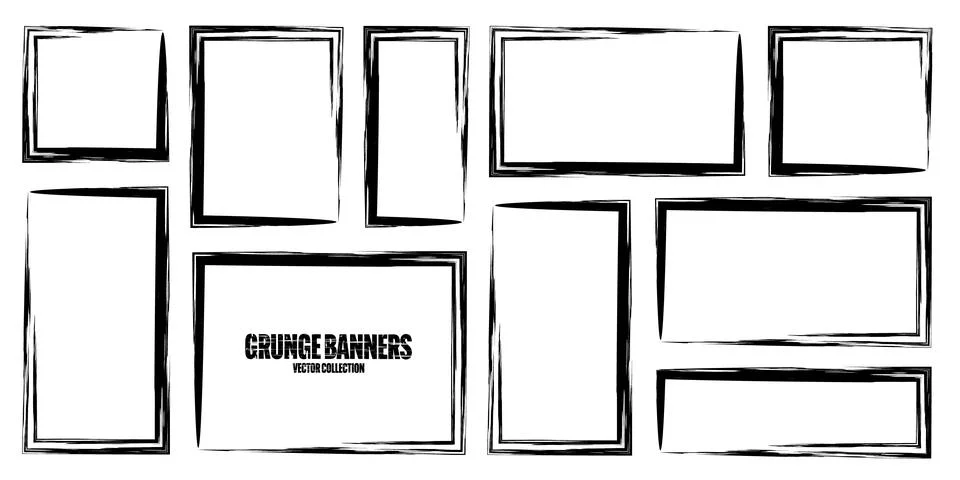 Grunge square frames, banners with stains and scratches. Brush stroke Stock Illustration