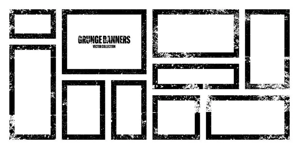 Grunge square frames, banners with stains and scratches. Brush stroke Stock Illustration