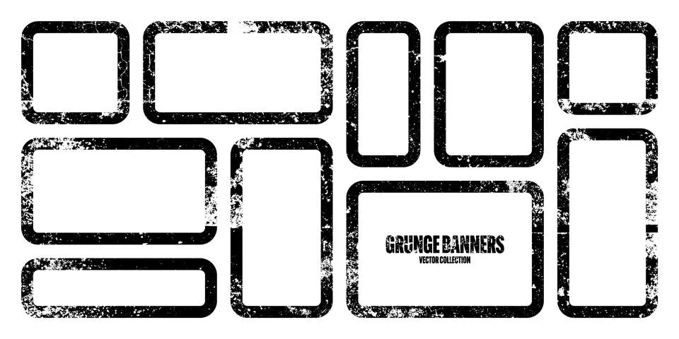 Grunge square frames, banners with stains and scratches. Brush stroke Stock Illustration