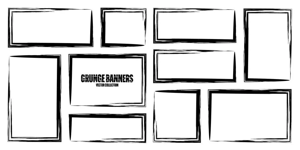 Grunge square frames, banners with stains and scratches. Brush stroke Illustrazione stock