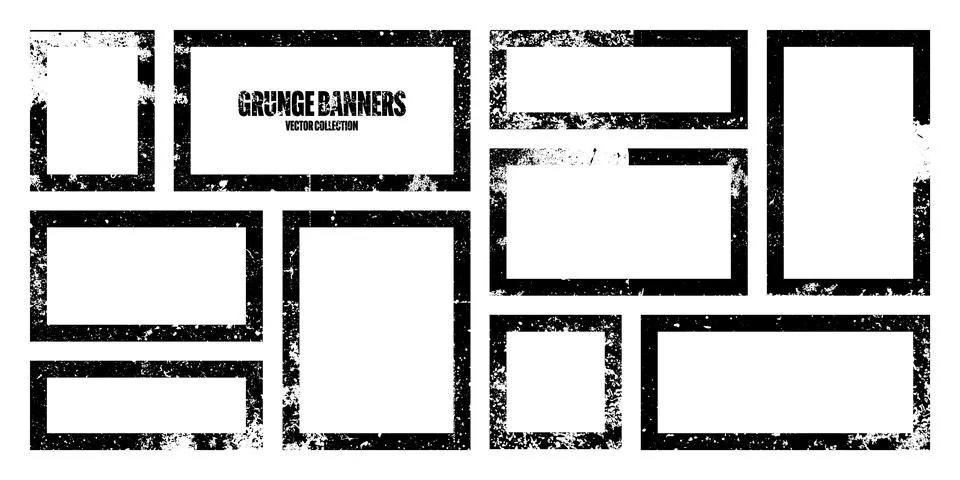 Grunge square frames, banners with stains and scratches. Brush stroke Stock Illustration