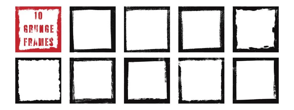 Grunge square photo frames set. Distressed black borders with rough edges. .. Illustrazione stock