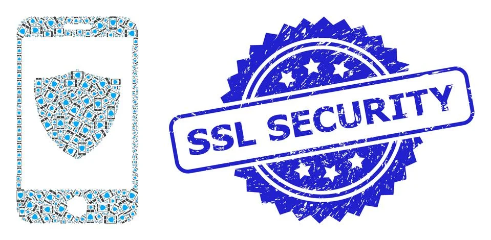 Grunge SSL Security Seal Stamp and Recursion Smartphone Shield Icon Mosaic Stock Illustration