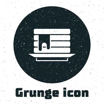 Grunge Stack of pancakes with honey icon isolated on white background. Breakfast Illustrazione stock