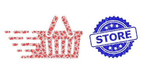Grunge Store Stamp and Recursive Shopping Basket Icon Collage 库存插图