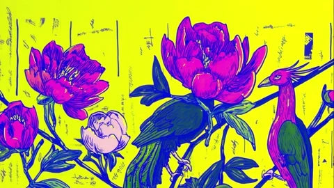 Grunge-style graffiti pattern with phoenix birds and flowers Stock Footage 308015435