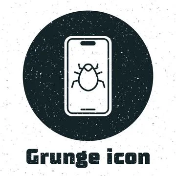 Grunge System bug on mobile icon isolated on white background. Code bug concept Illustrazione stock