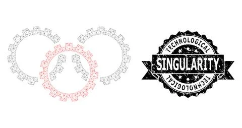 Grunge Technological Singularity Ribbon Stamp and Mesh 2D Gears Stock Illustration