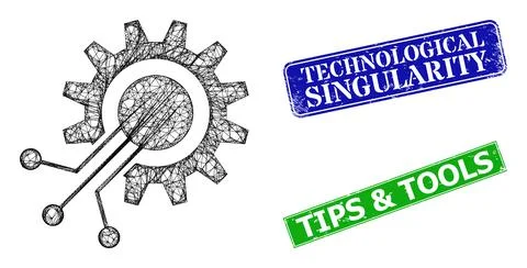 Grunge Technological Singularity Stamps and Triangle Mesh Cog Interface Icon Stock Illustration