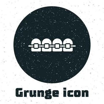 Grunge Teeth with braces icon isolated on white background. Alignment of bite of Stock Illustration