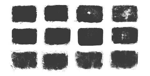 Grunge text boxes swatch set. Callouts rectangles frames. Lino cut rolled paint Stock Illustration