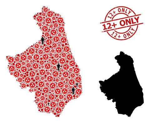 Grunge Textured 12 plus Only Badge and Humans with Covid Infection Mosaic Map of Stock Illustration
