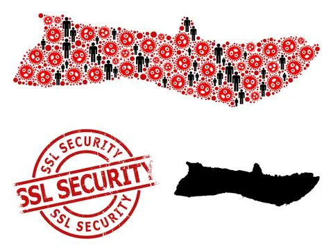 Grunge Textured SSL Security Stamp and Population with Flu Virus Mosaic Map of Stock Illustration