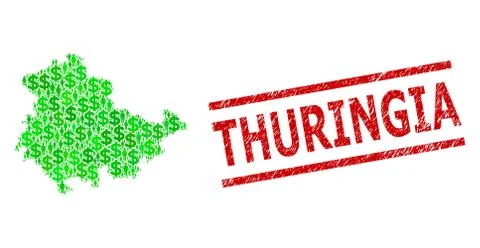 Grunge Thuringia Stamp Print and Green Customers and Dollar Mosaic Map of イラスト素材