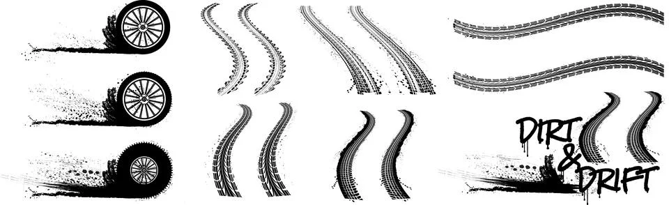 Grunge tire tracks vector set. Dirty wheel prints, skid marks and car drift.. Stock Illustration