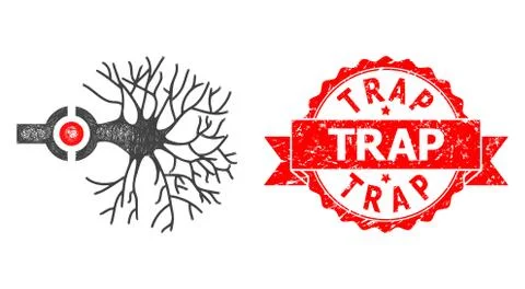 Grunge Trap Stamp and Net Neuron Digital Interface Icon Stock Illustration