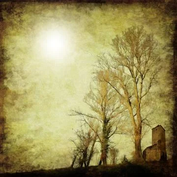 Grunge trees background with ancient architecture. Stock Illustration