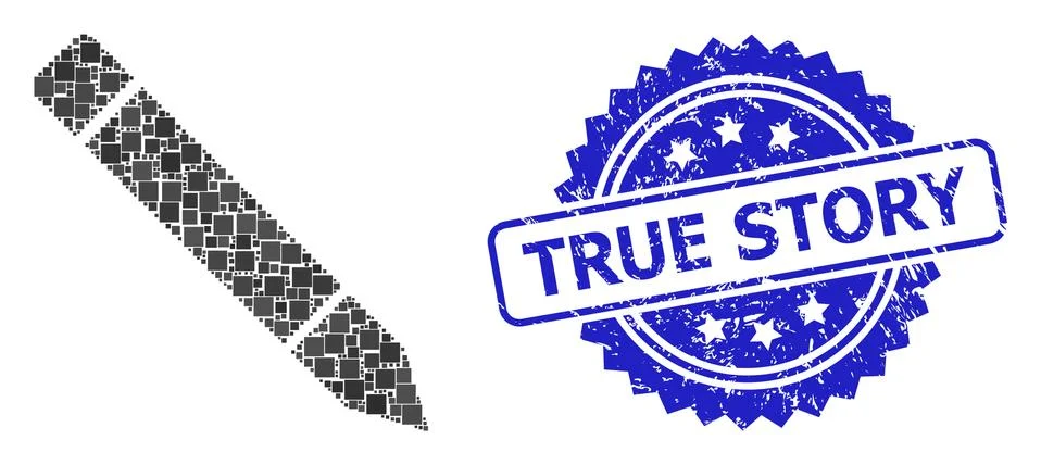 Grunge True Story Stamp and Square Dot Collage Pencil Stock Illustration