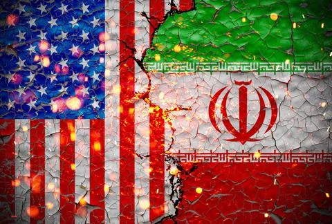 Grunge Us VS Iran national flags icon pattern isolated on broken cracked wall Stock Illustration