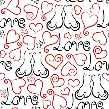Grunge vector seamless pattern with hand painted hearts, lettering and cats Stock Illustration