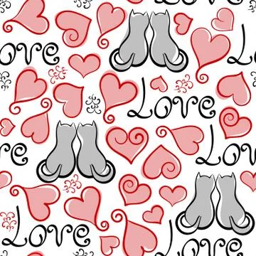 Grunge vector seamless pattern with hand painted hearts, lettering and cats Stock Illustration